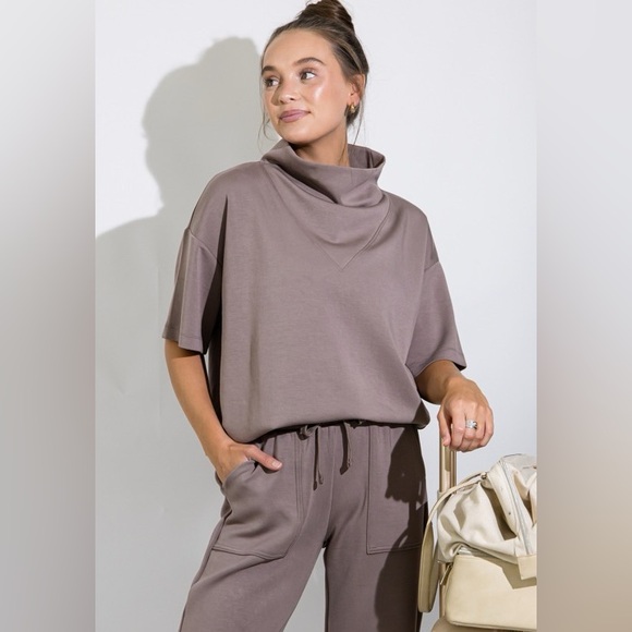 rae mode Tops - Rae Mode Boutique Short Sleeve Cowl Neck Top in Mocha